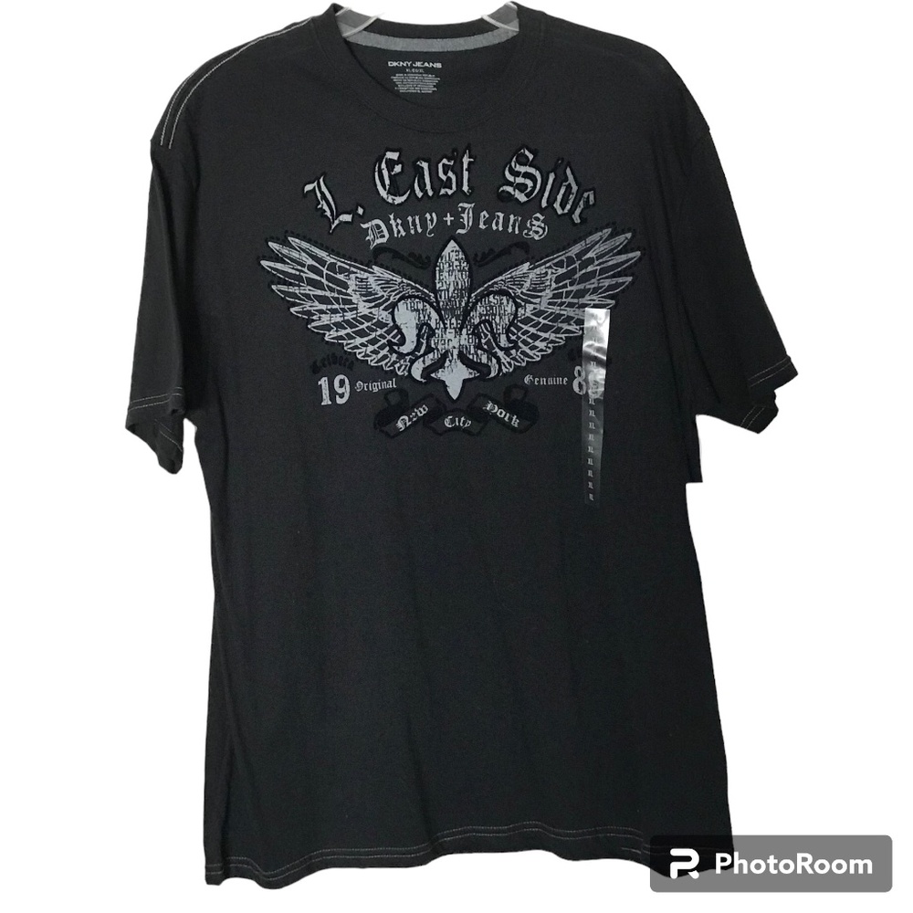 DKNY L. East Side Black Textured Fleur de Lis T Shirt - XL - NWT